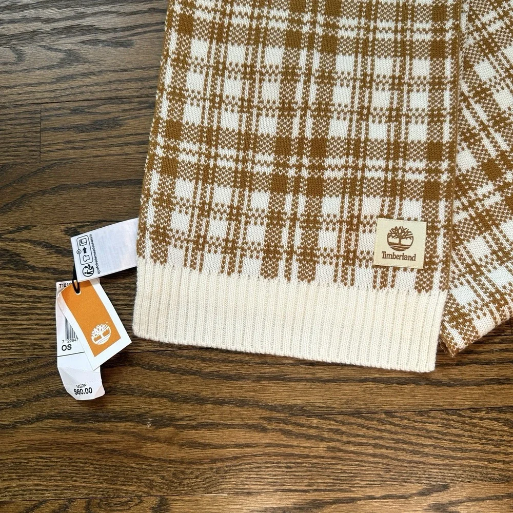 Timberland Scarf Wheat Plaid Brown Knit Winter Rectangle Logo T101808 NEW